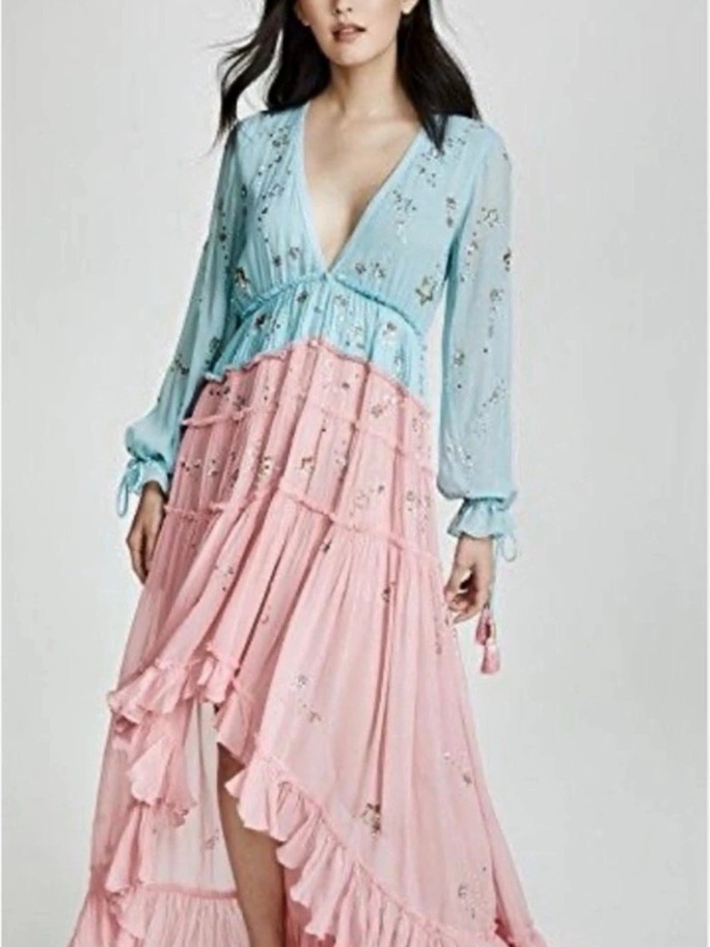 Embellished Two-Tone Maxi Dress in Pink & Blue